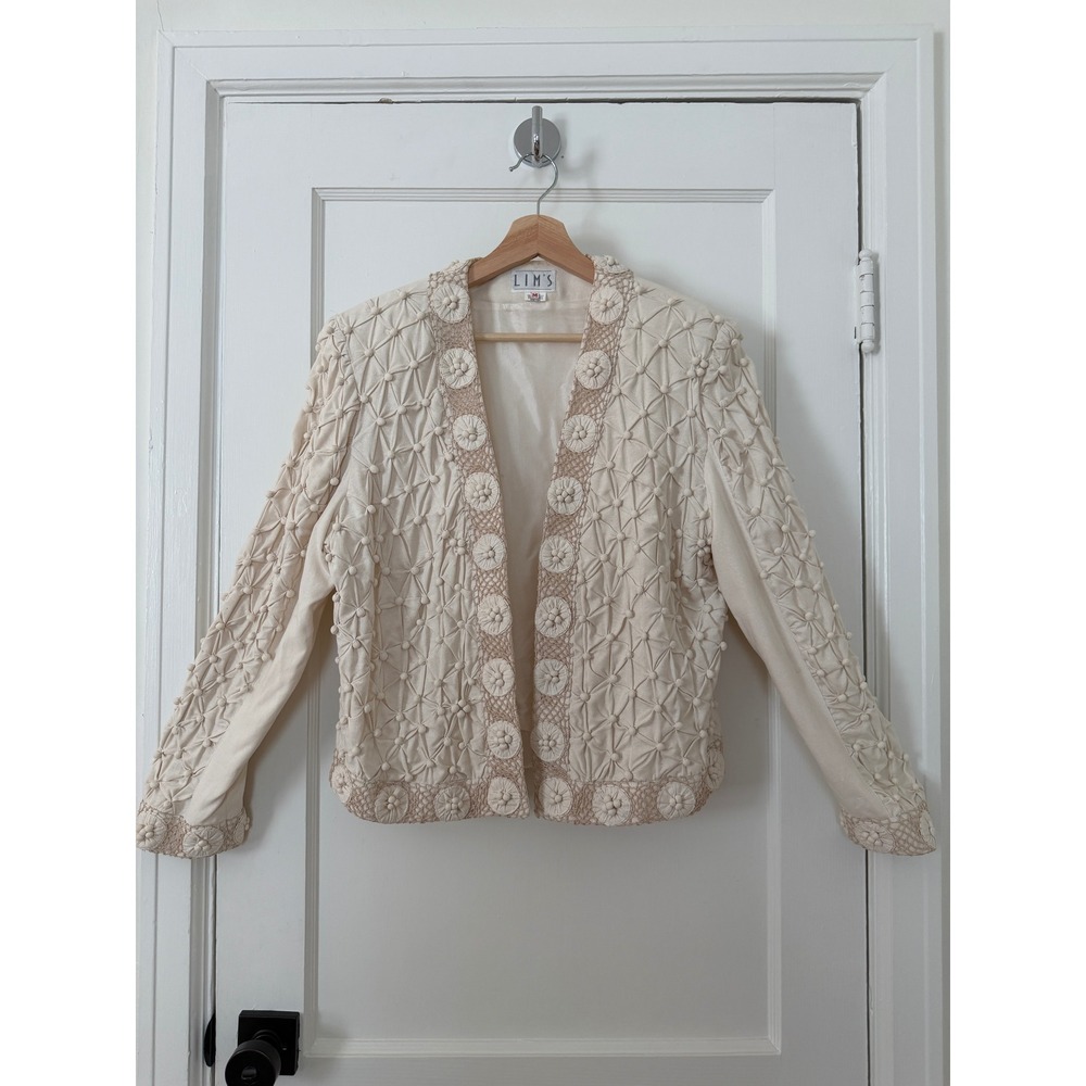 Vtg Lim's 100% Silk 3D Knotted Cream Open Front Blazer Grandmacore Boho Jacket M